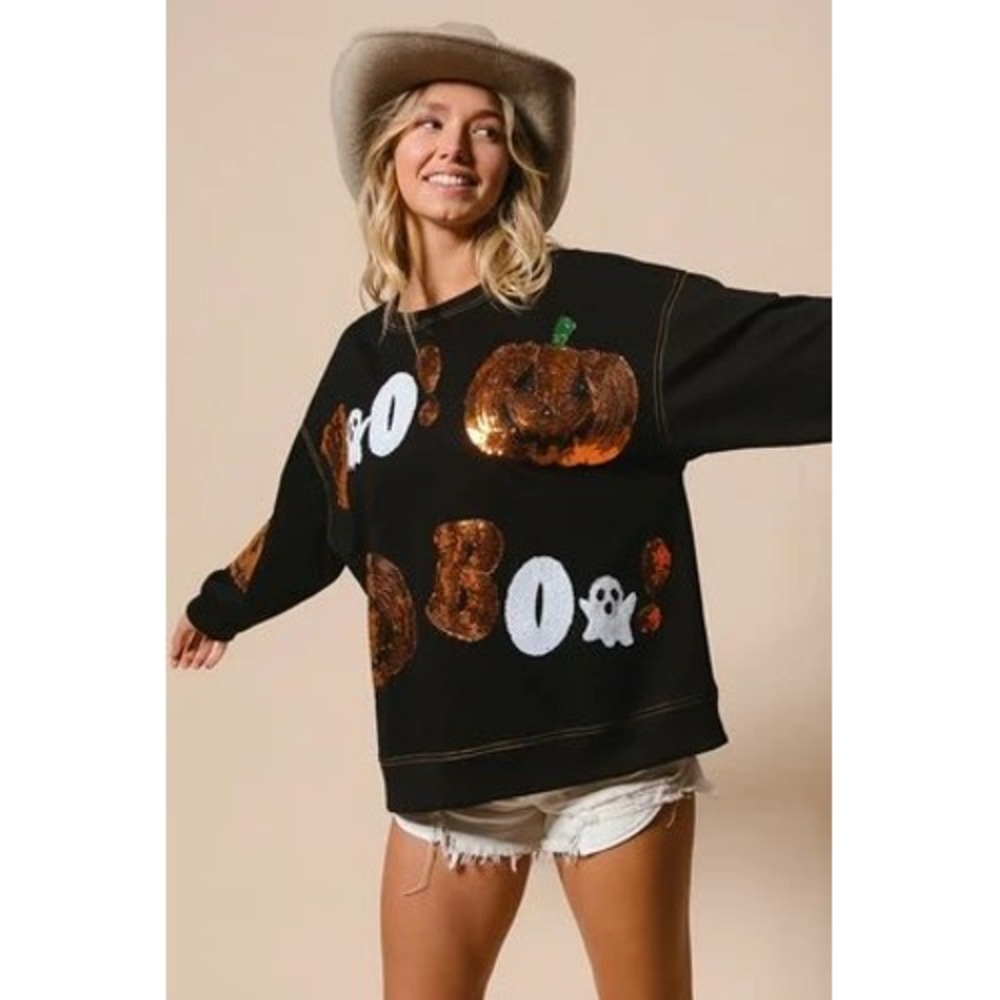 BIBI Womens Halloween Sequin Boo Pumpkin Ghost Sweatshirt Black Large New - Picture 2 of 13